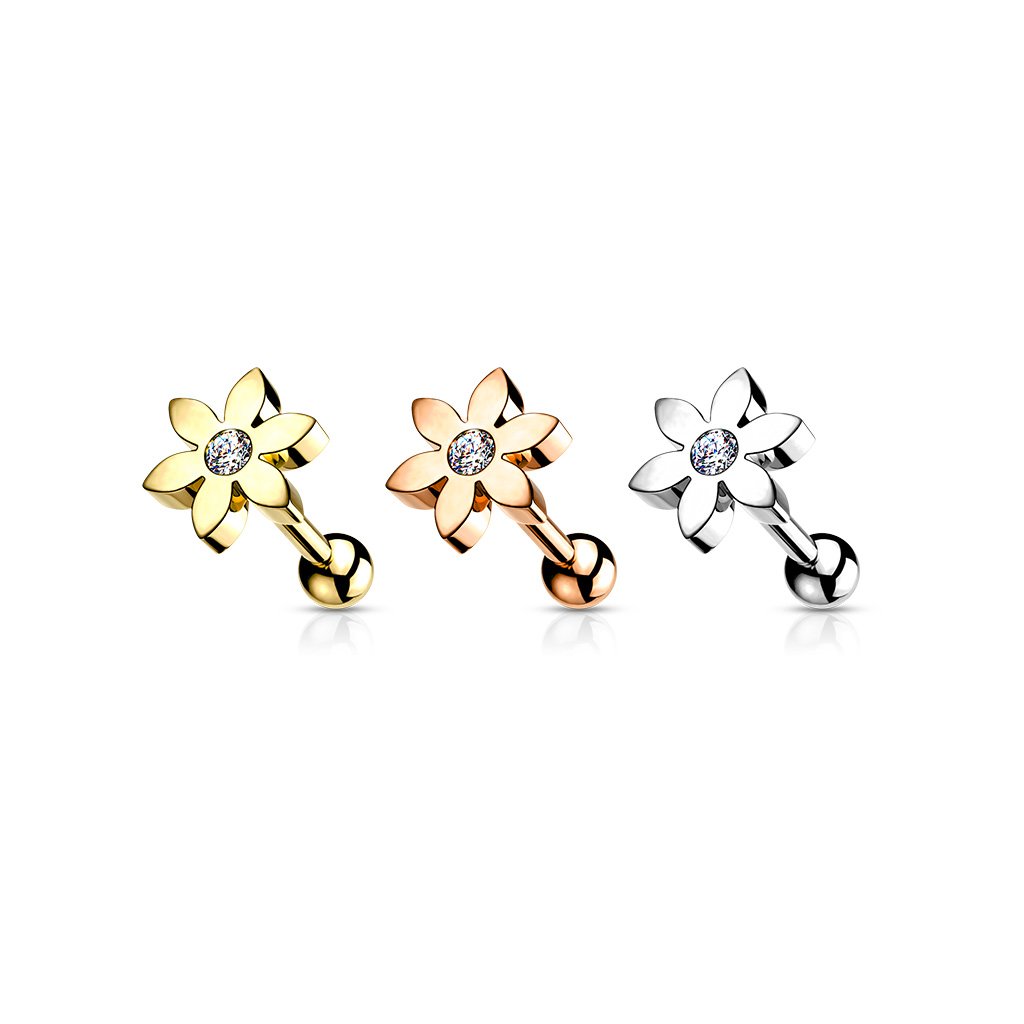 16 Gauge 5 Petal Crystal Flower Cartilage / Tragus Stud