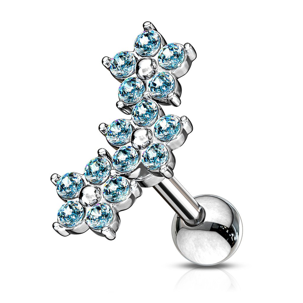 16 Gauge Triple Crystal Flower Cartilage / Tragus Stud