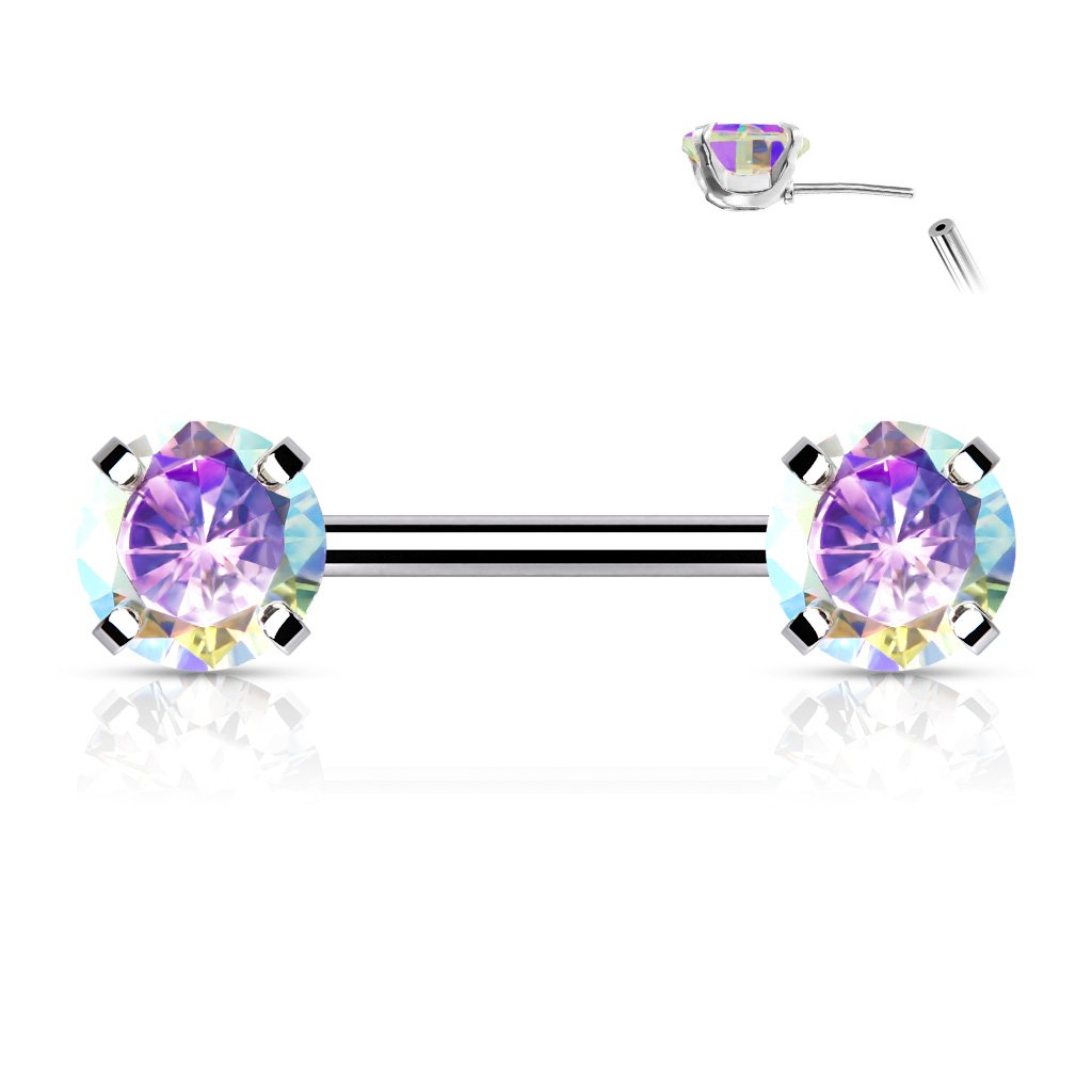 14 Gauge Prong Set Crystal Barbell Nipple Ring