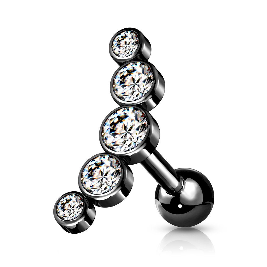 16 Gauge Five Gem Curved Cartilage / Tragus Stud