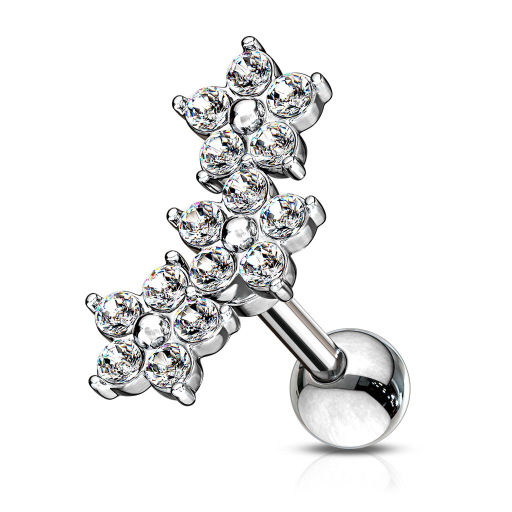 16 Gauge Triple Crystal Flower Cartilage / Tragus Stud