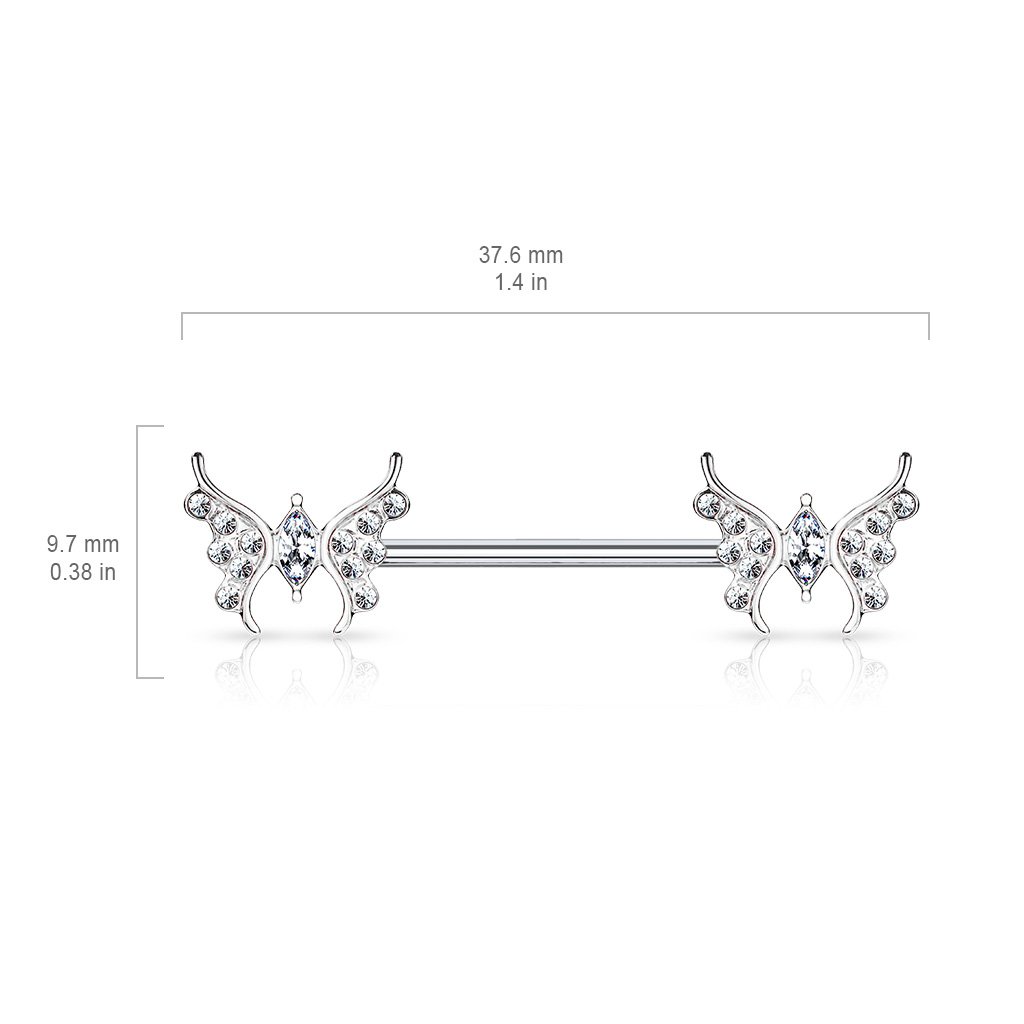 14 Gauge Crystal Butterfly Barbell Nipple Ring - Gold / Silver