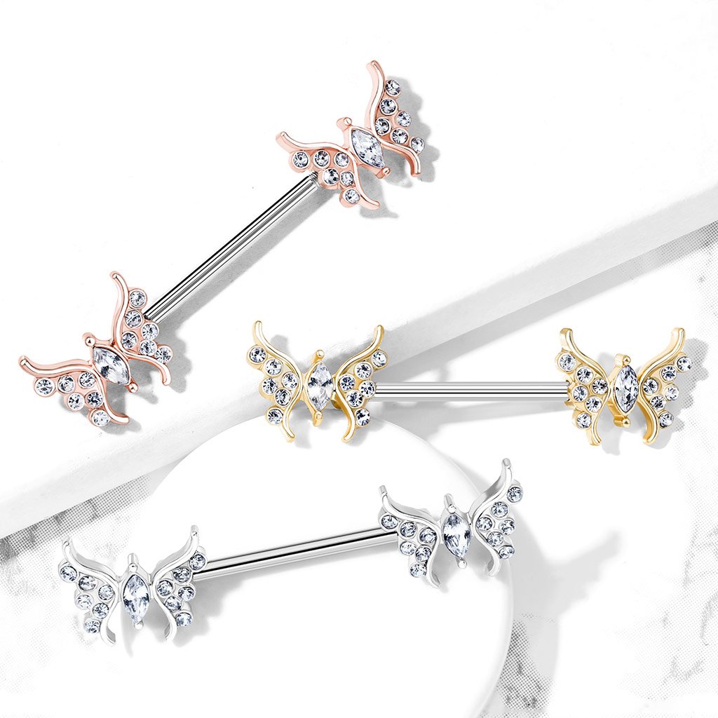 14 Gauge Crystal Butterfly Barbell Nipple Ring - Gold / Silver