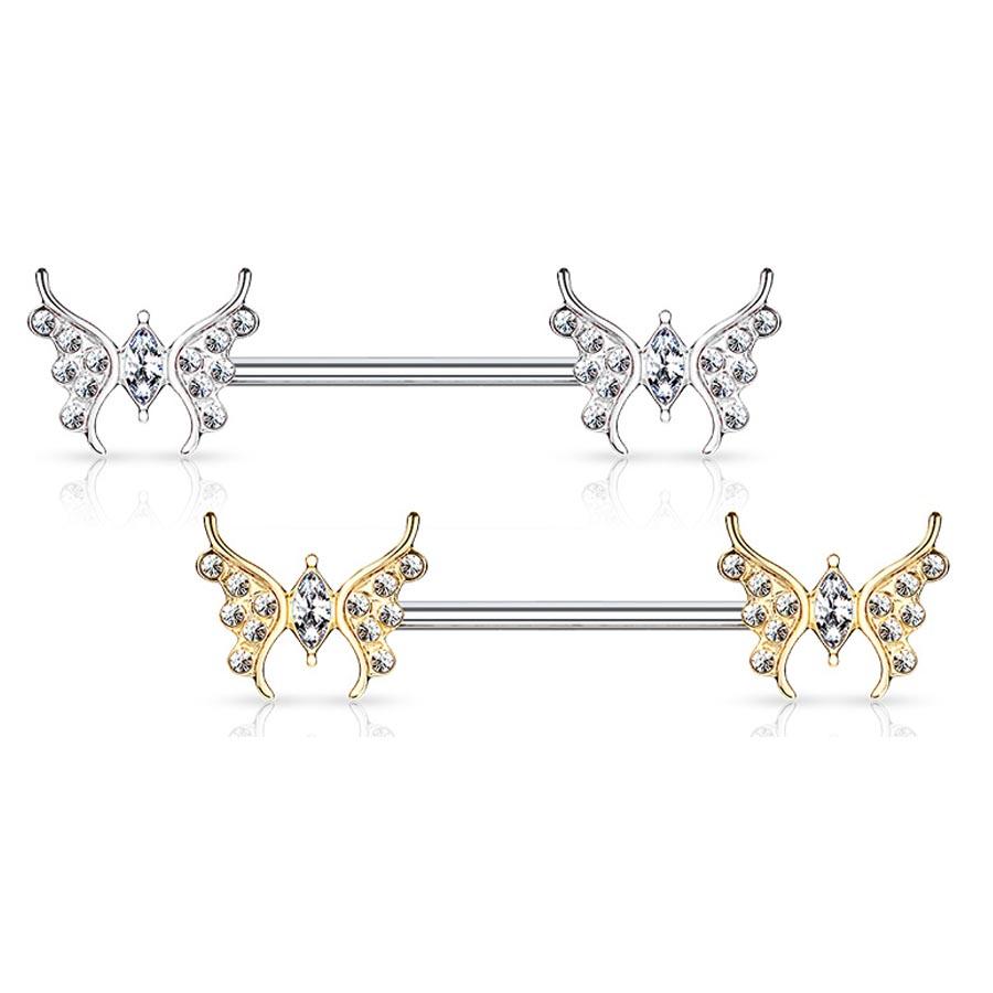 14 Gauge Crystal Butterfly Barbell Nipple Ring - Gold / Silver