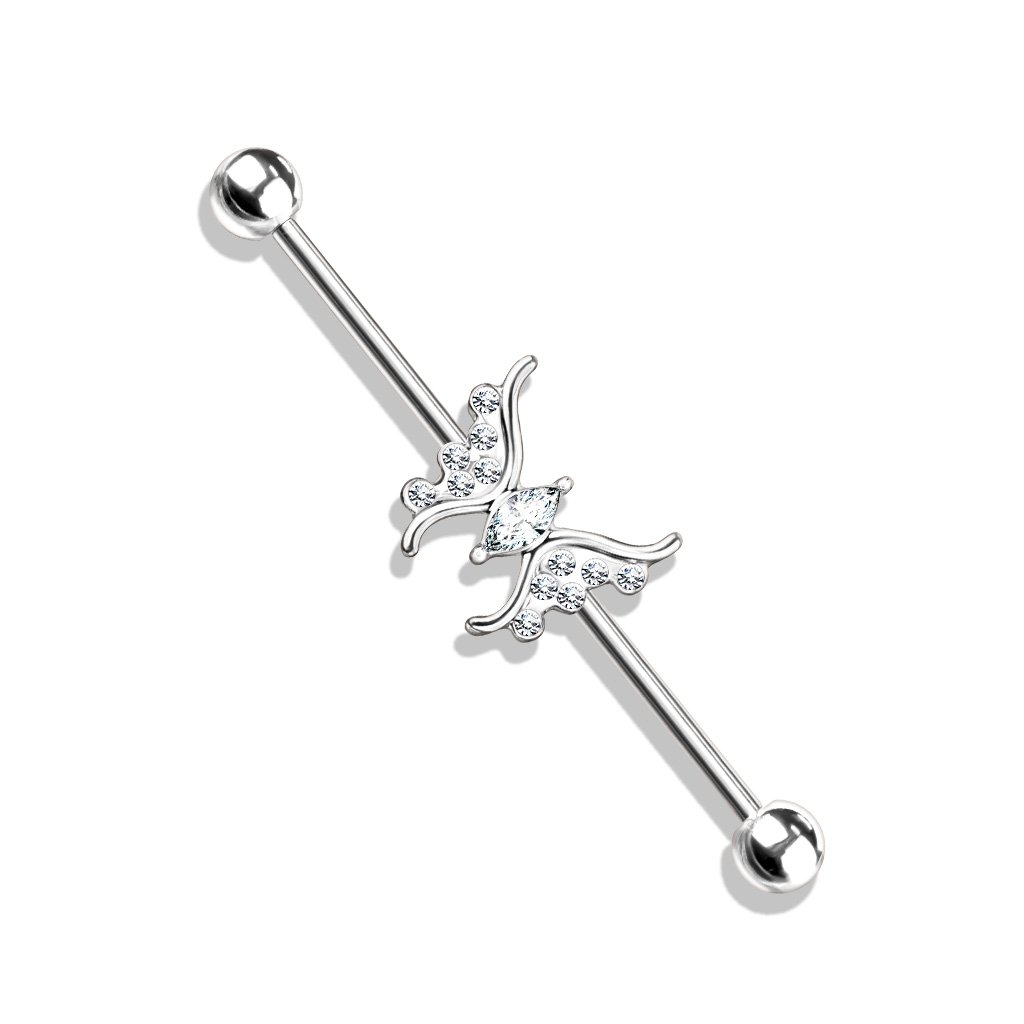 Crystal Butterfly Industrial Barbell - Silver