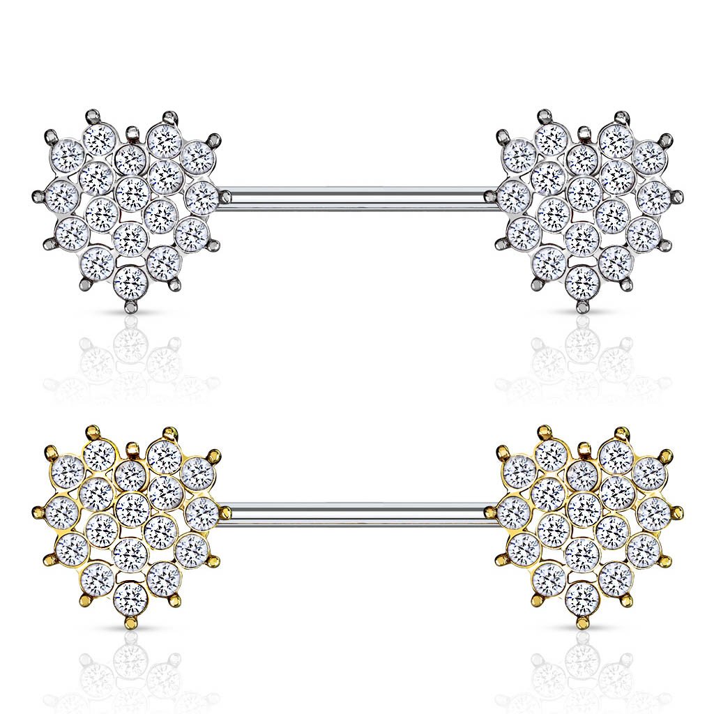 15 Gauge Crystal Cluster Heart Barbell Nipple Ring
