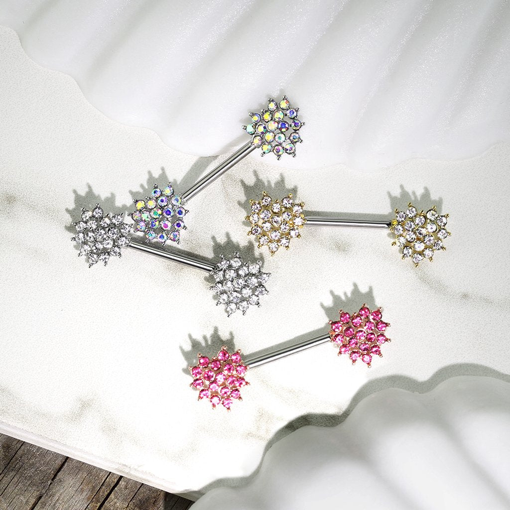 15 Gauge Crystal Cluster Heart Barbell Nipple Ring