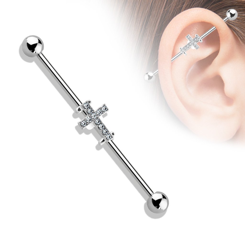 Crystal Cross Industrial Barbell - Silver