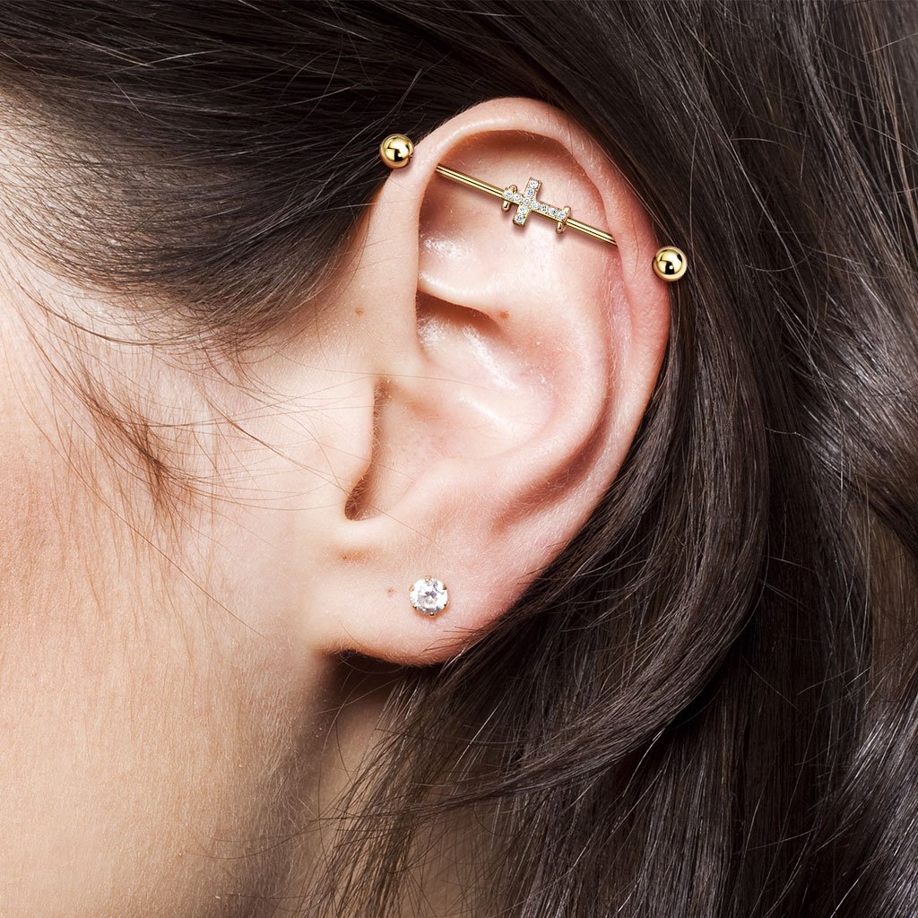 Crystal Cross Industrial Barbell - Silver