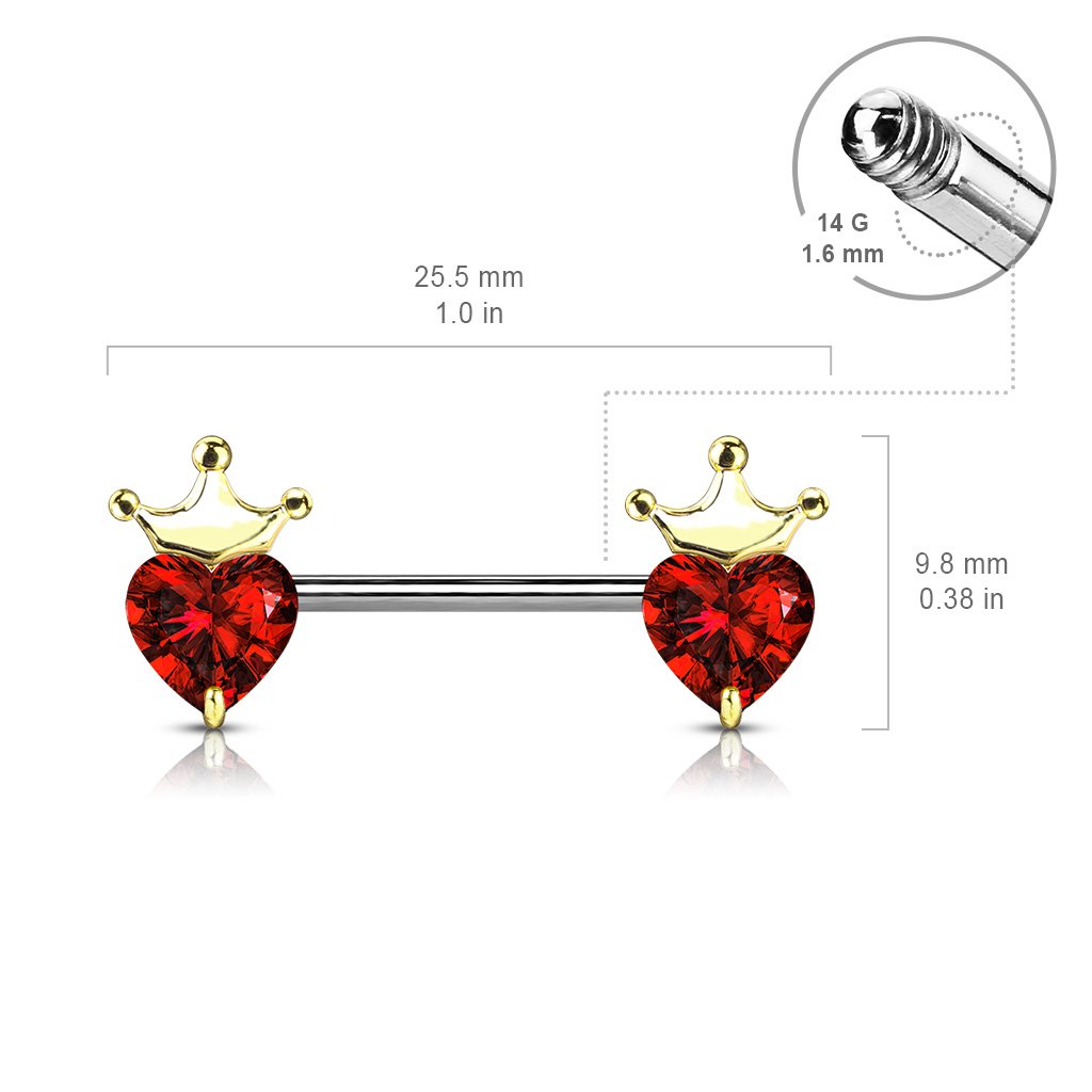 Crystal Crown & Heart Barbell Nipple Ring