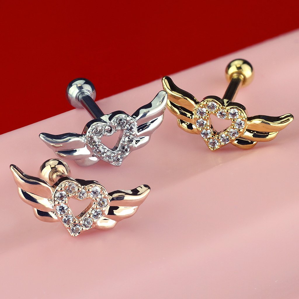 16 Gauge Crystal Heart & Wings Cartilage / Tragus Stud