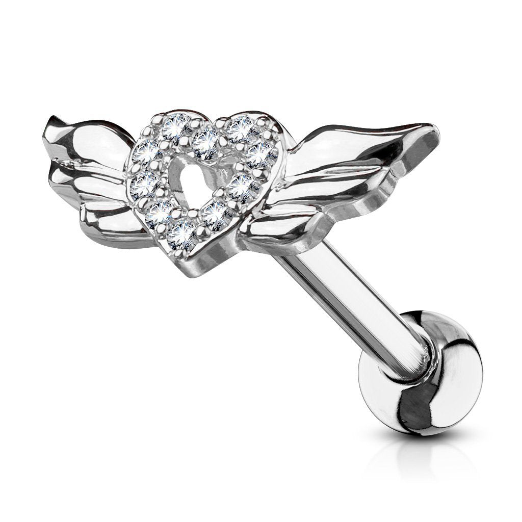 16 Gauge Crystal Heart & Wings Cartilage / Tragus Stud