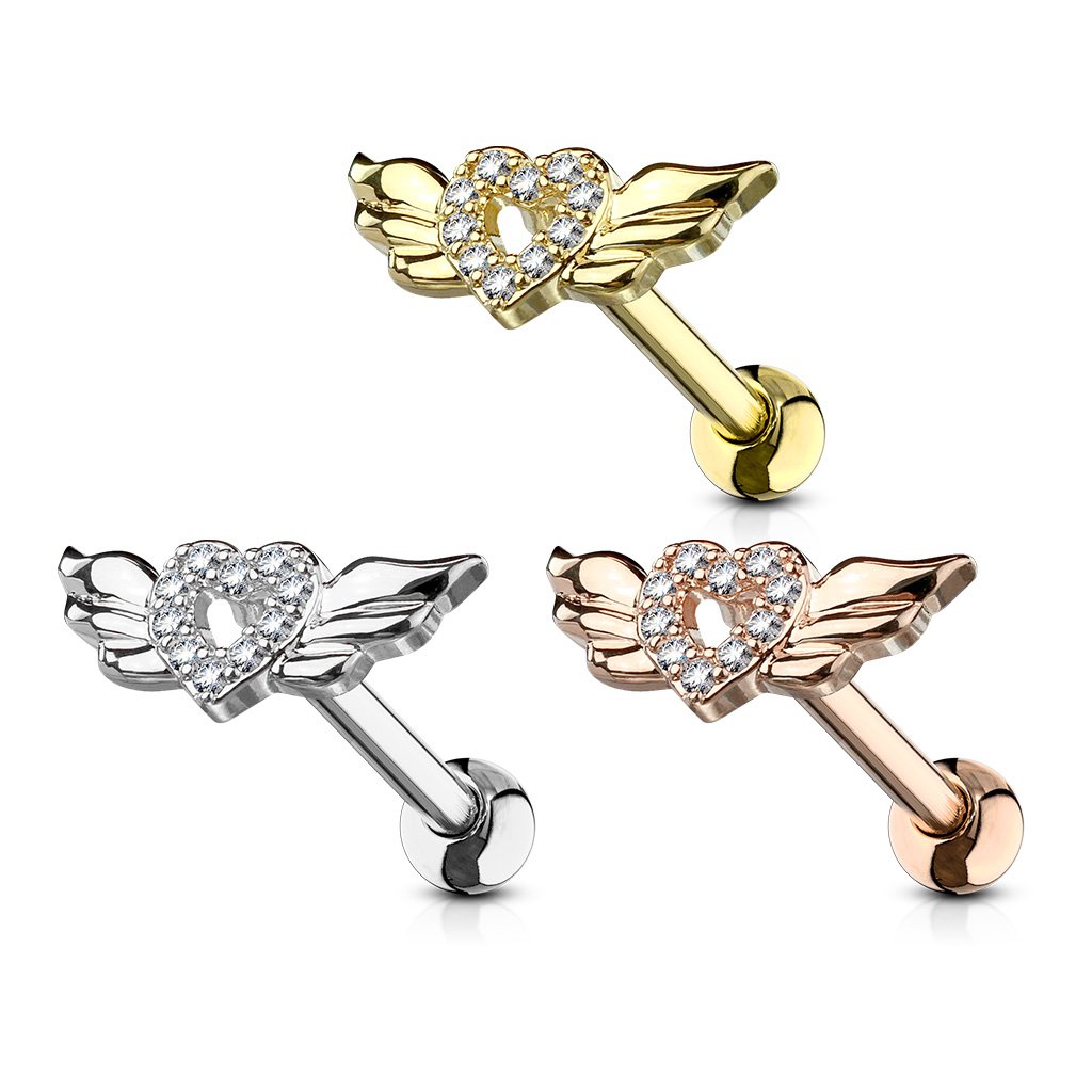 16 Gauge Crystal Heart & Wings Cartilage / Tragus Stud