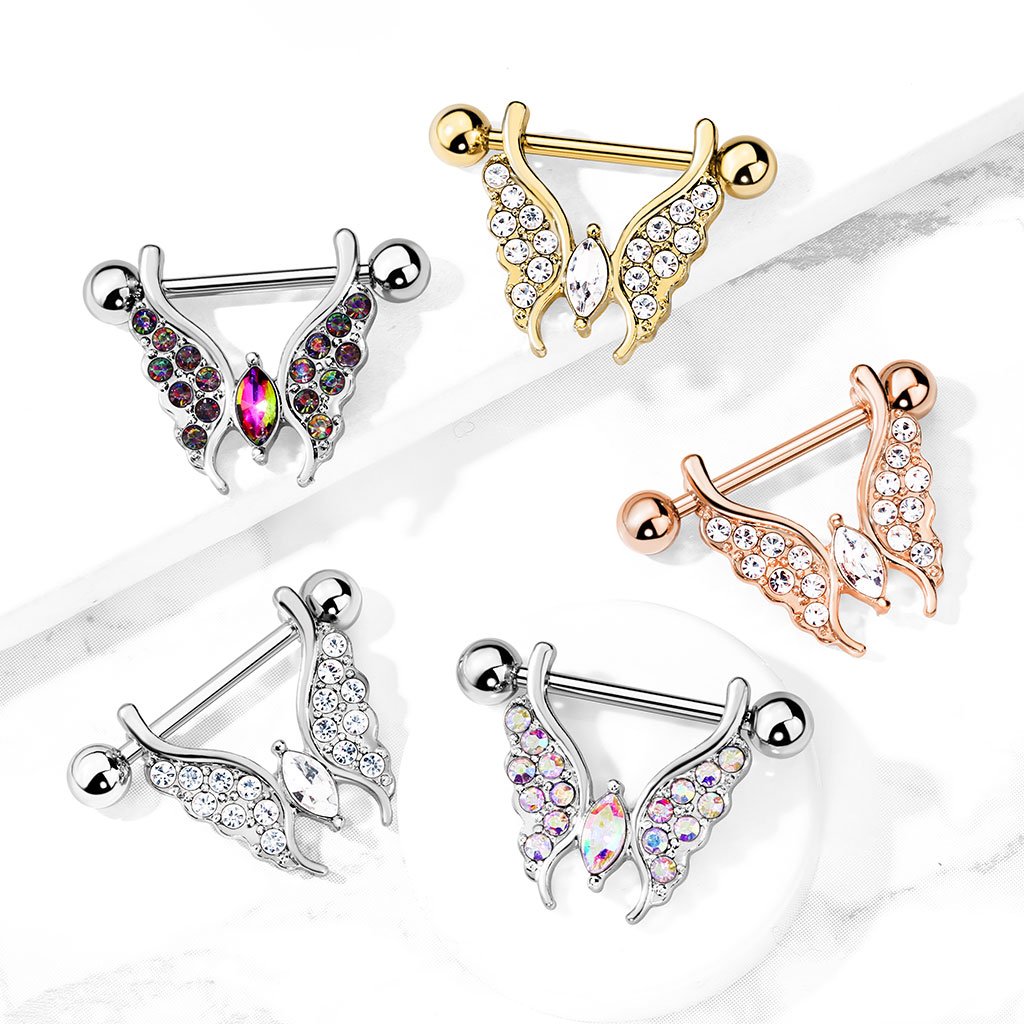 Crystal Paved Butterfly Barbell Nipple Ring