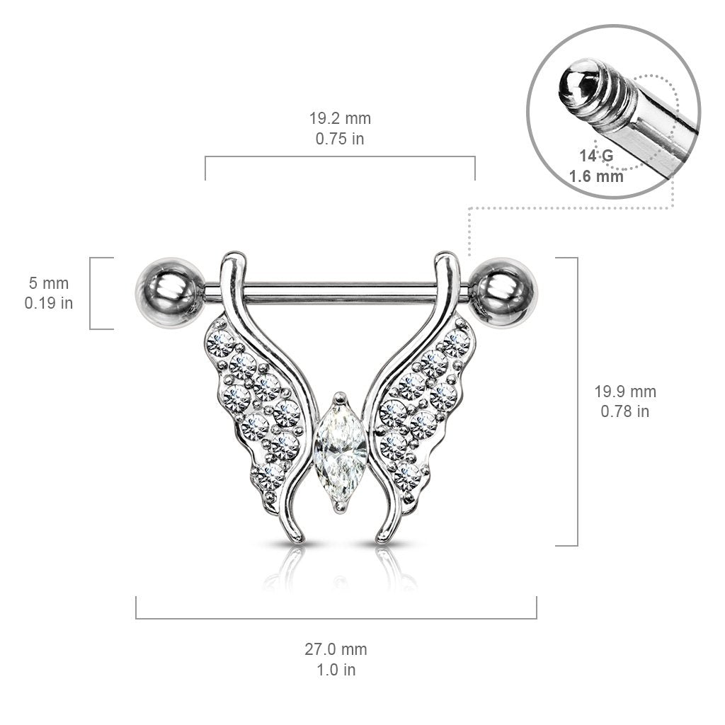 Crystal Paved Butterfly Barbell Nipple Ring