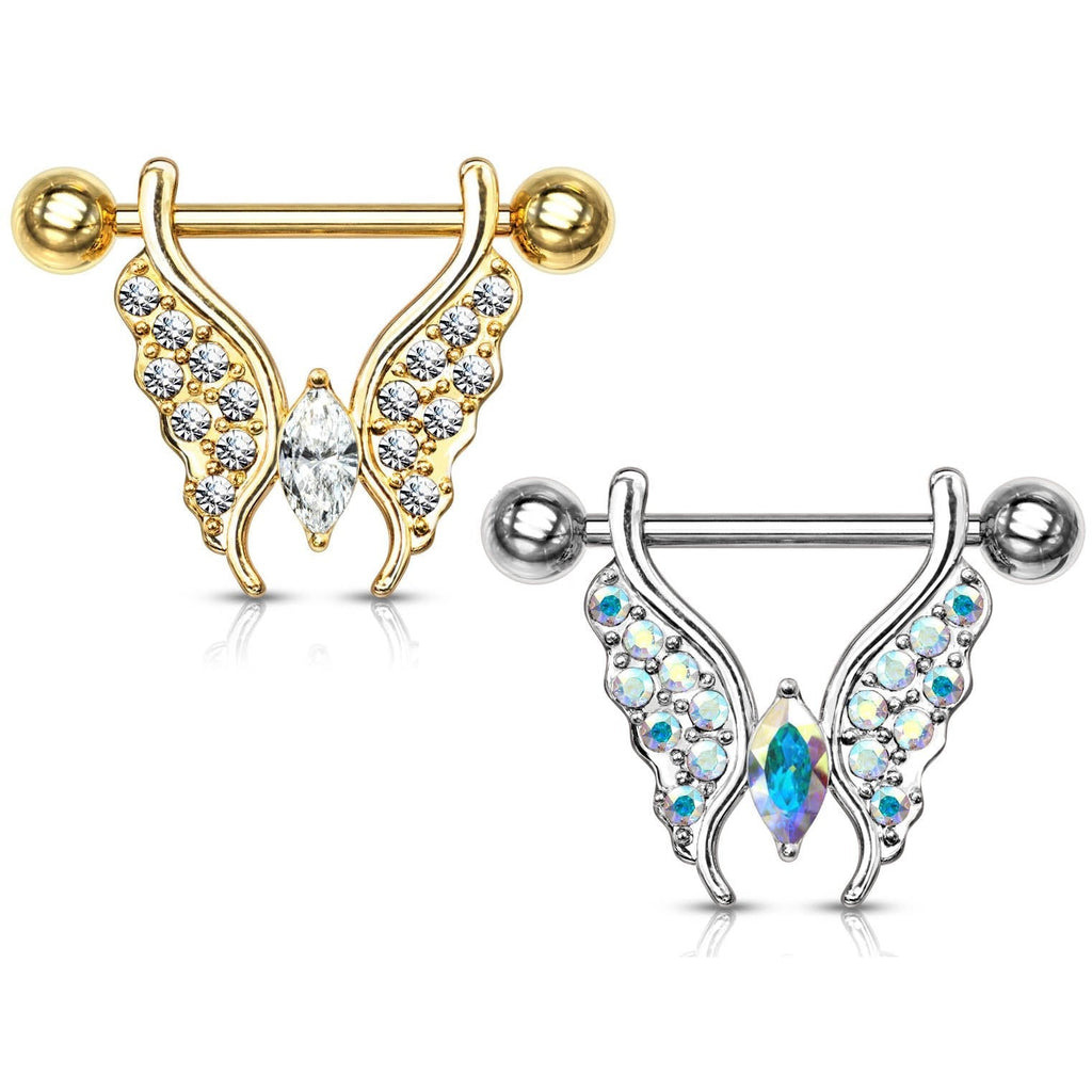 Crystal Paved Butterfly Barbell Nipple Ring