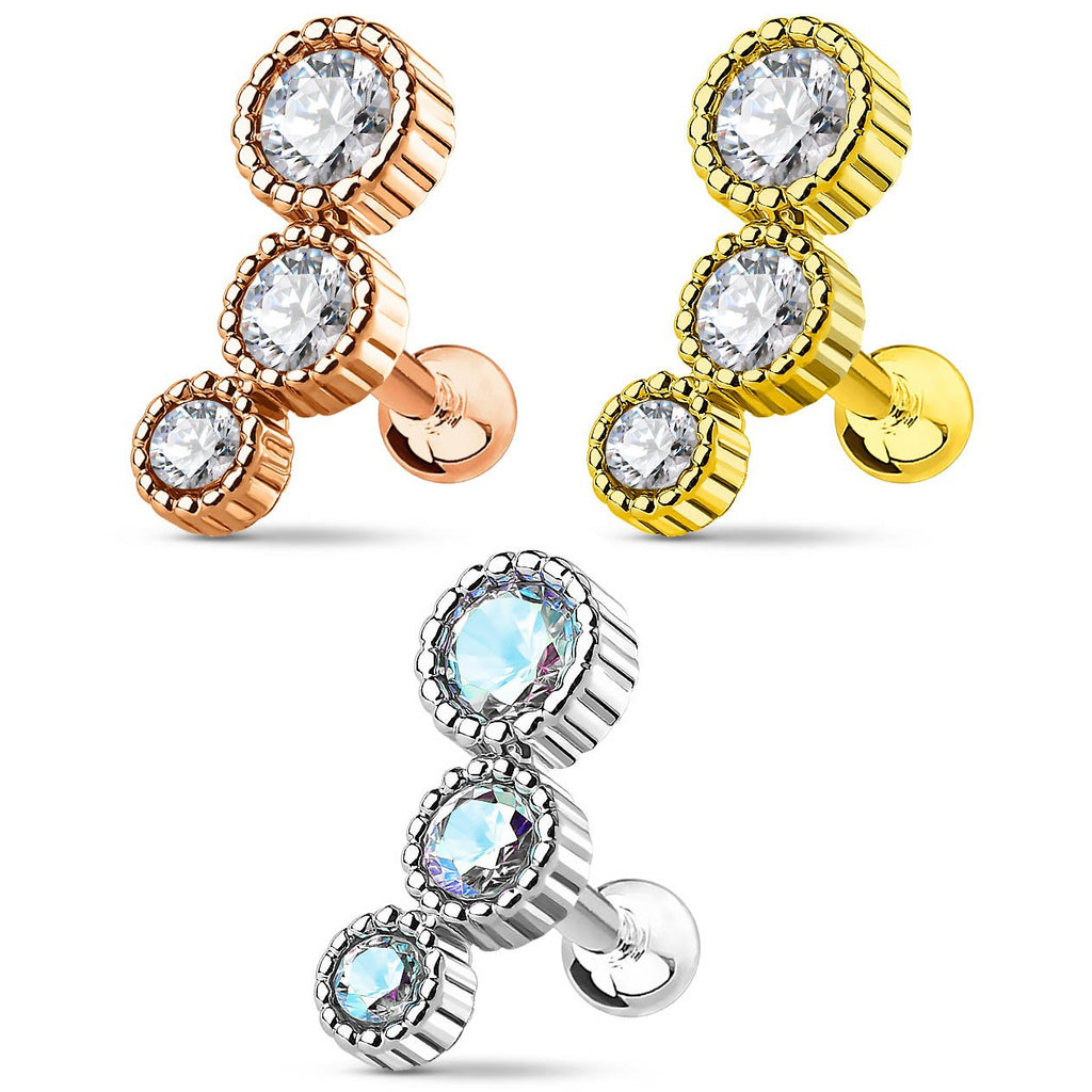 16 Gauge Crystal Trio Cartilage / Tragus Stud