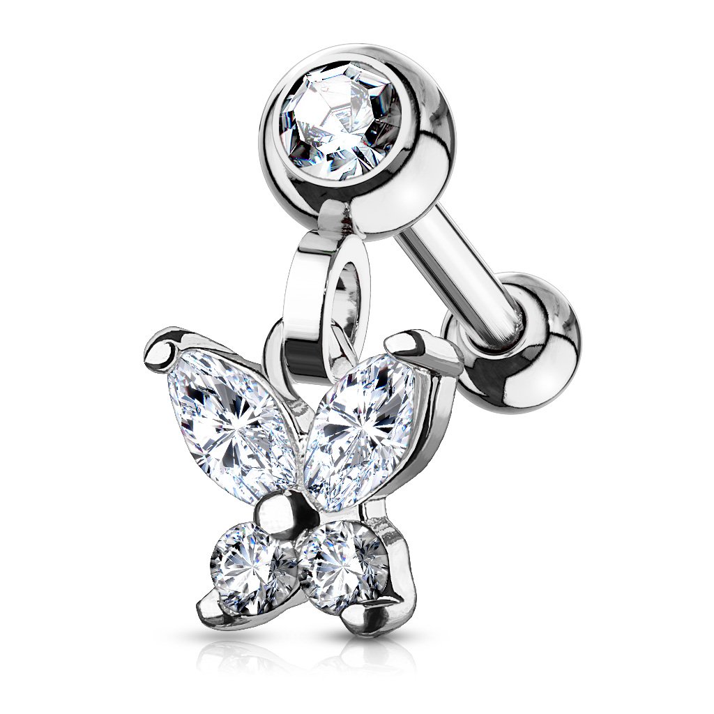 16 Gauge Dangling Butterfly Cartilage / Tragus Stud Silver