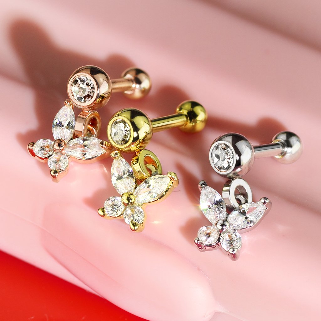 16 Gauge Dangling Butterfly Cartilage / Tragus Stud Silver