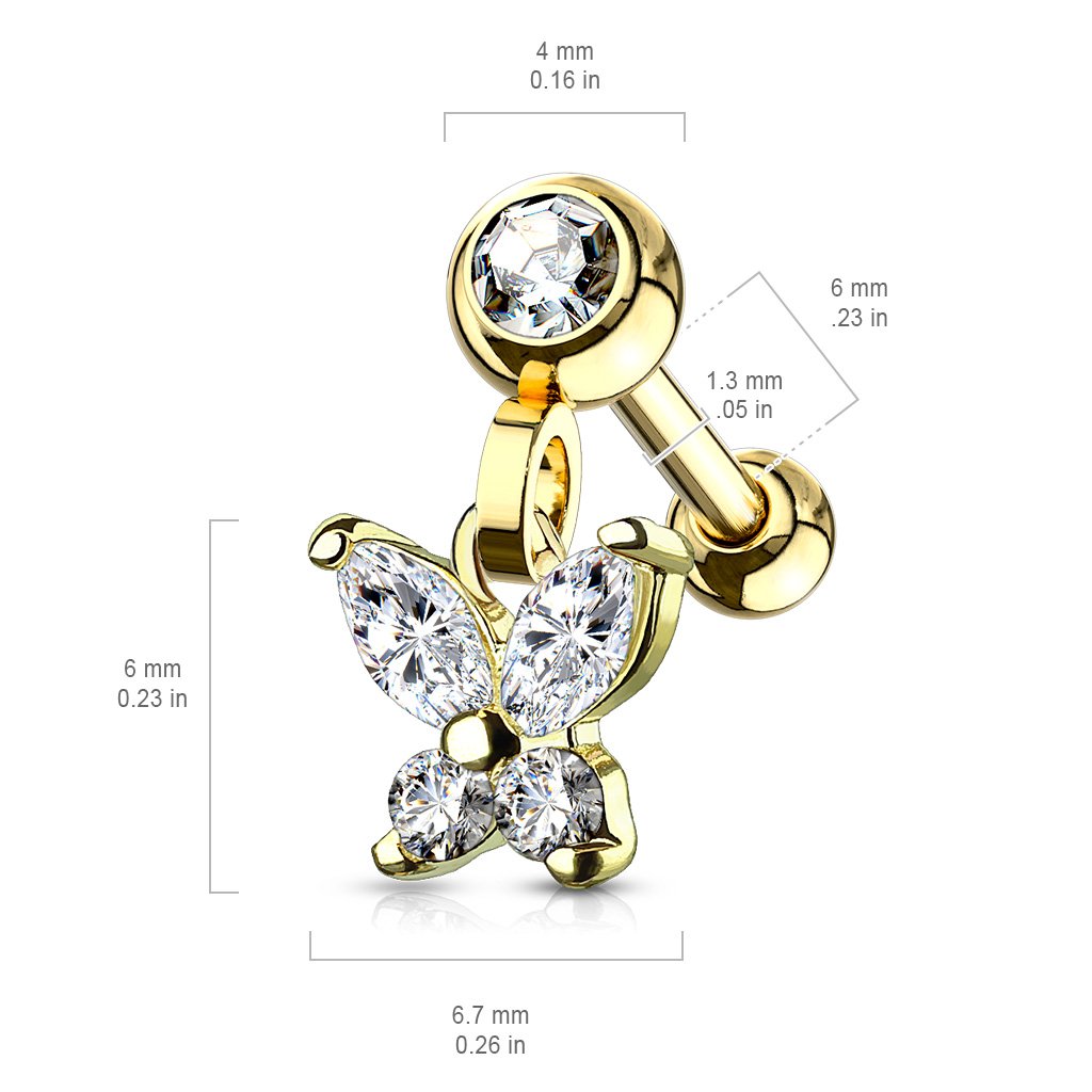16 Gauge Dangling Butterfly Cartilage / Tragus Stud Silver