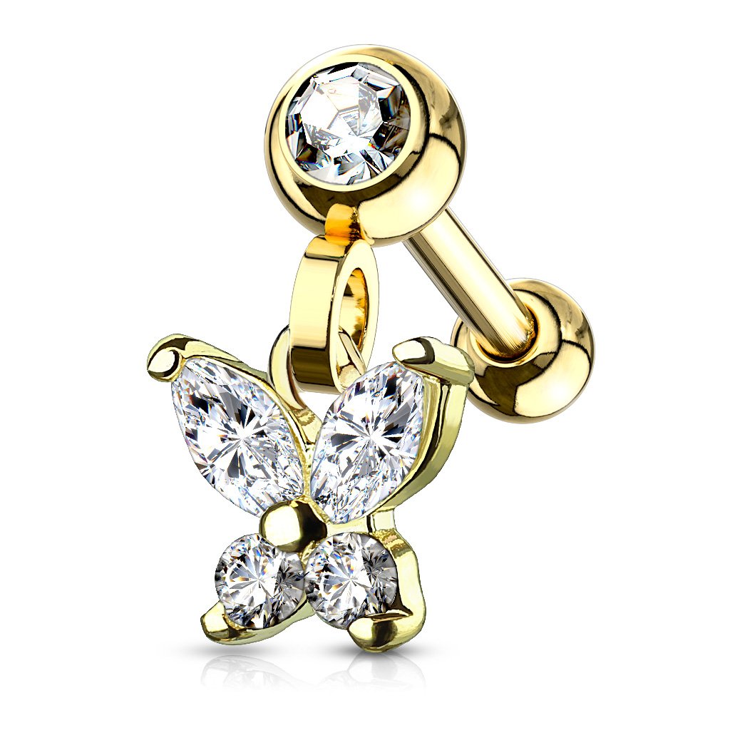 16 Gauge Dangling Butterfly Cartilage / Tragus Stud Silver