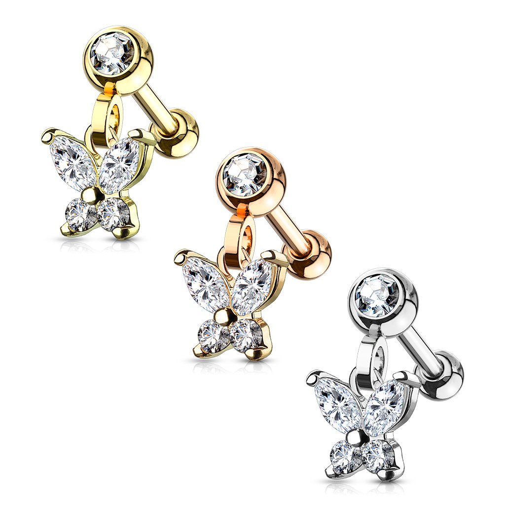 16 Gauge Dangling Butterfly Cartilage / Tragus Stud Silver