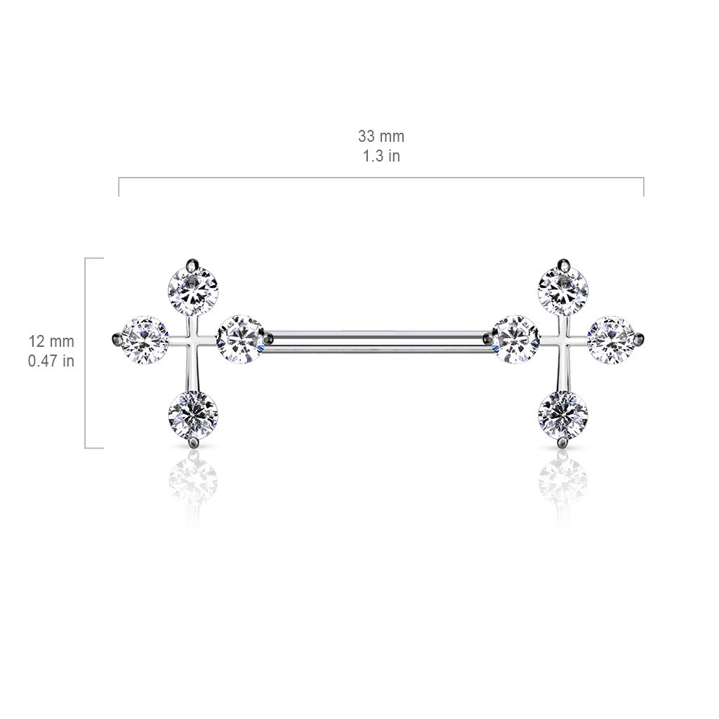 14 Gauge Double Crystal Cross Barbell Nipple Ring