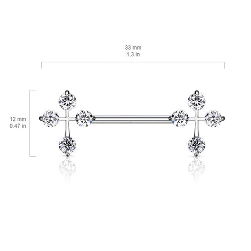 14 Gauge Double Crystal Cross Barbell Nipple Ring