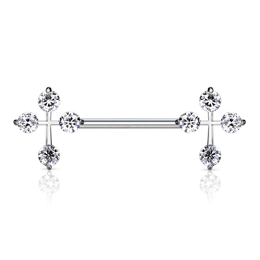 14 Gauge Double Crystal Cross Barbell Nipple Ring