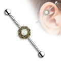 Filigree Heart Opal Industrial Barbell - Gold