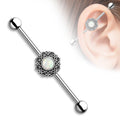 Filigree Heart Opal Industrial Barbell - Silver