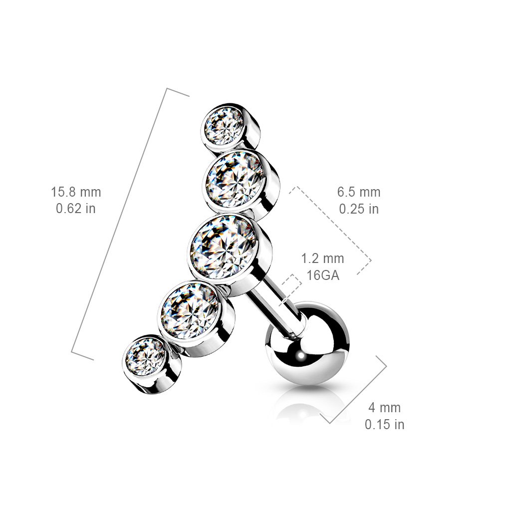 16 Gauge Five Gem Curved Cartilage / Tragus Stud
