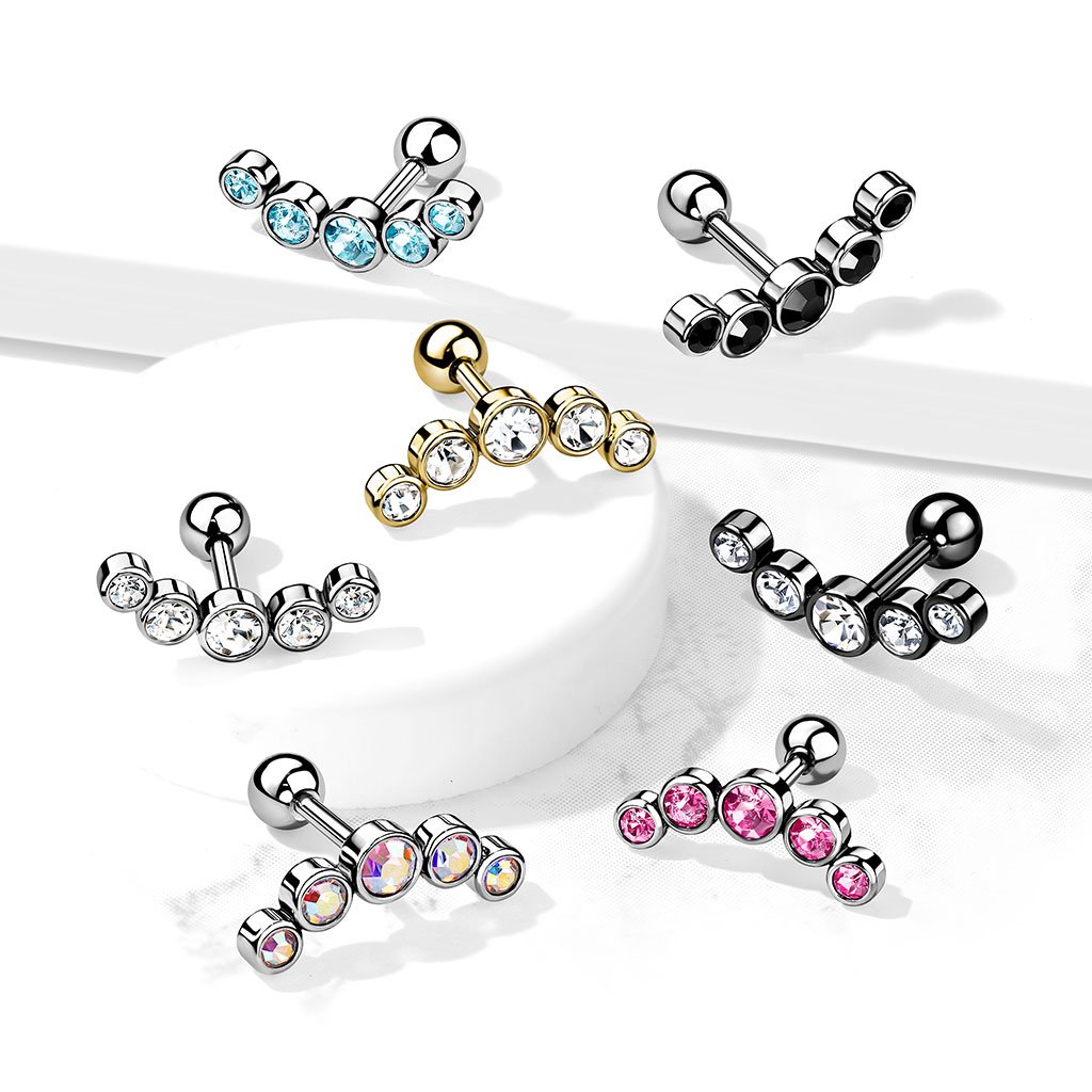 16 Gauge Five Gem Curved Cartilage / Tragus Stud