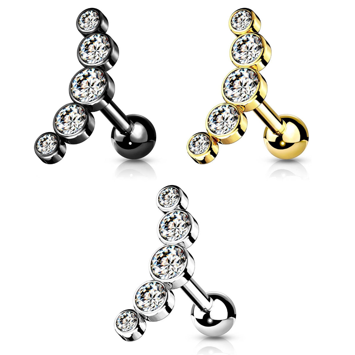 16 Gauge Five Gem Curved Cartilage / Tragus Stud