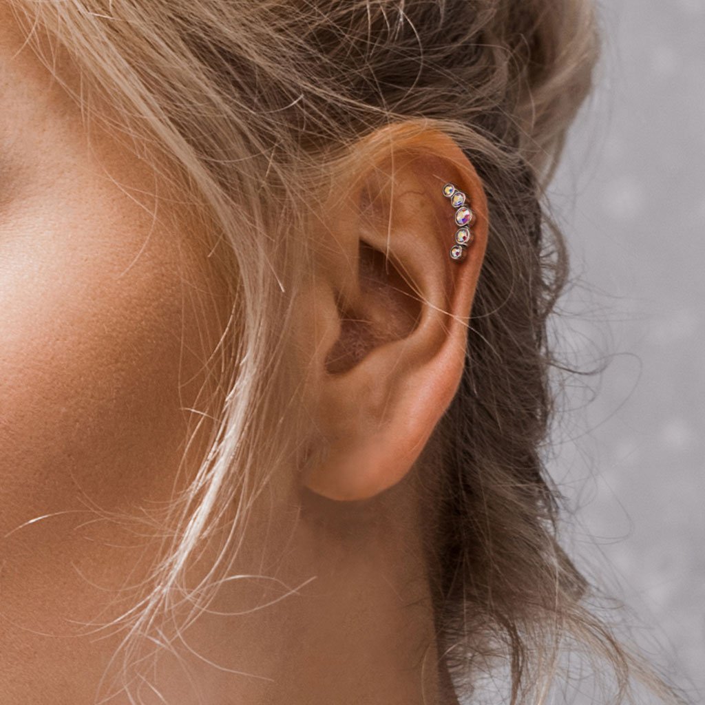 16 Gauge Five Gem Curved Cartilage / Tragus Stud