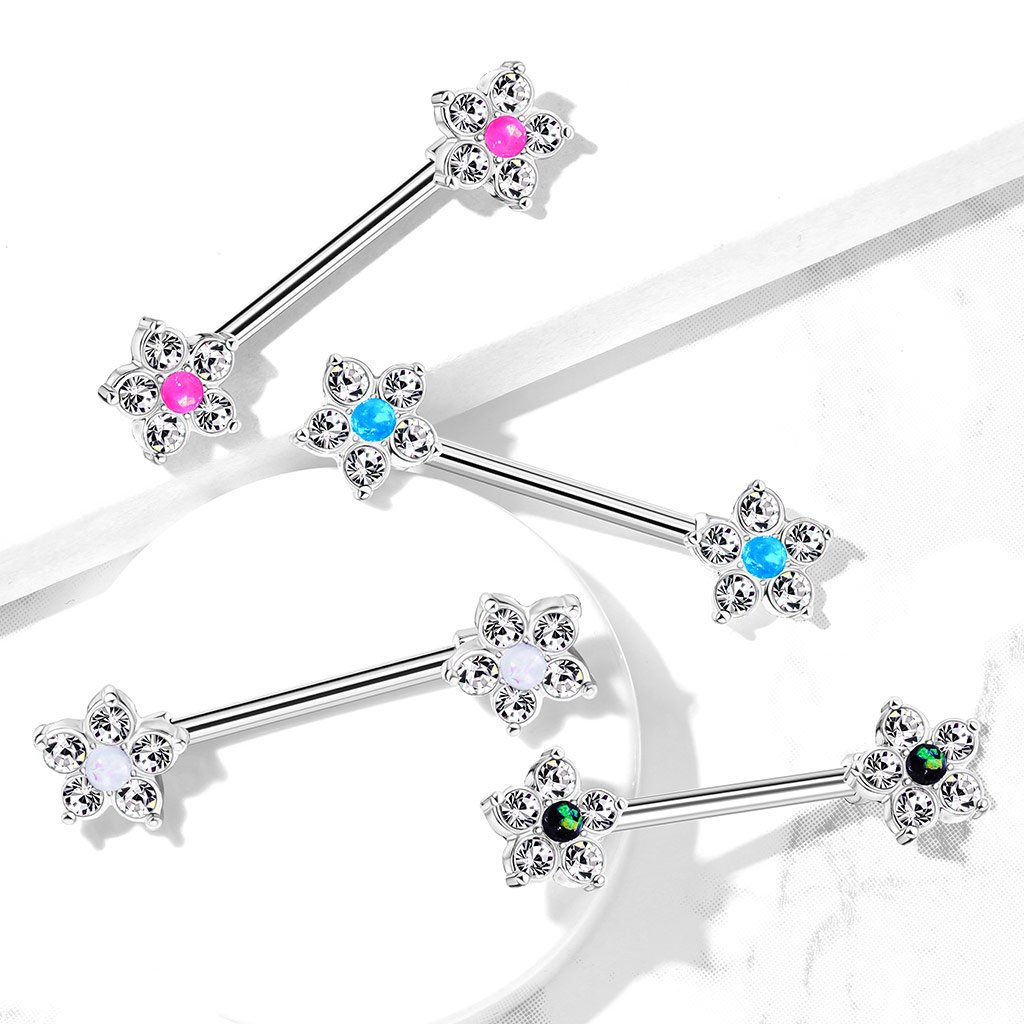 Five Petal Crystal Flower Gemstone Barbell Nipple Ring