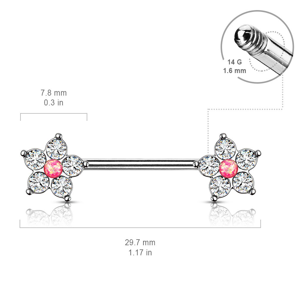 Five Petal Crystal Flower Gemstone Barbell Nipple Ring