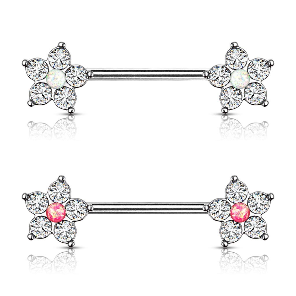 Five Petal Crystal Flower Gemstone Barbell Nipple Ring