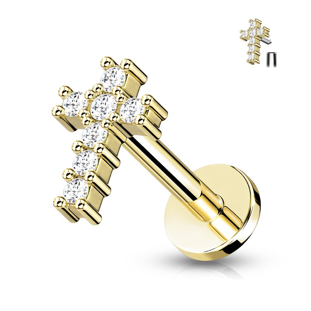 16 Gauge Internally Threaded Crystal Cross Flat Back Stud