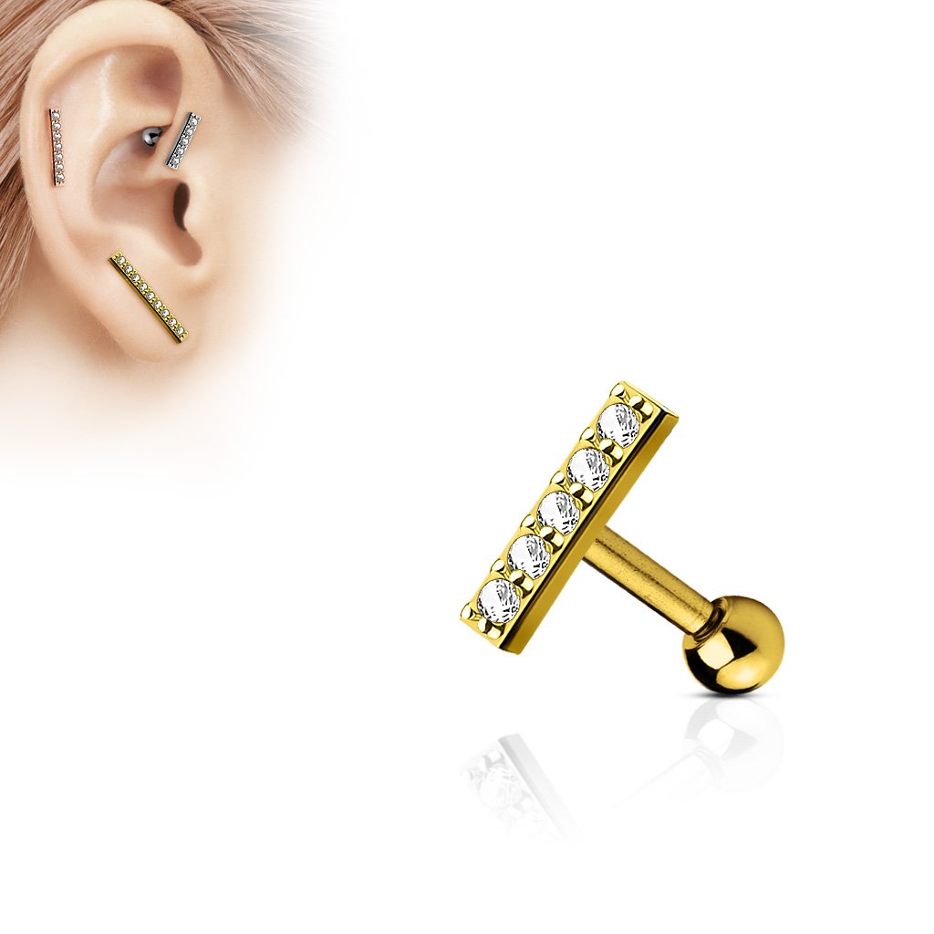 16 Gauge Crystal Lined Long Bar Cartilage / Tragus Barbell Stud