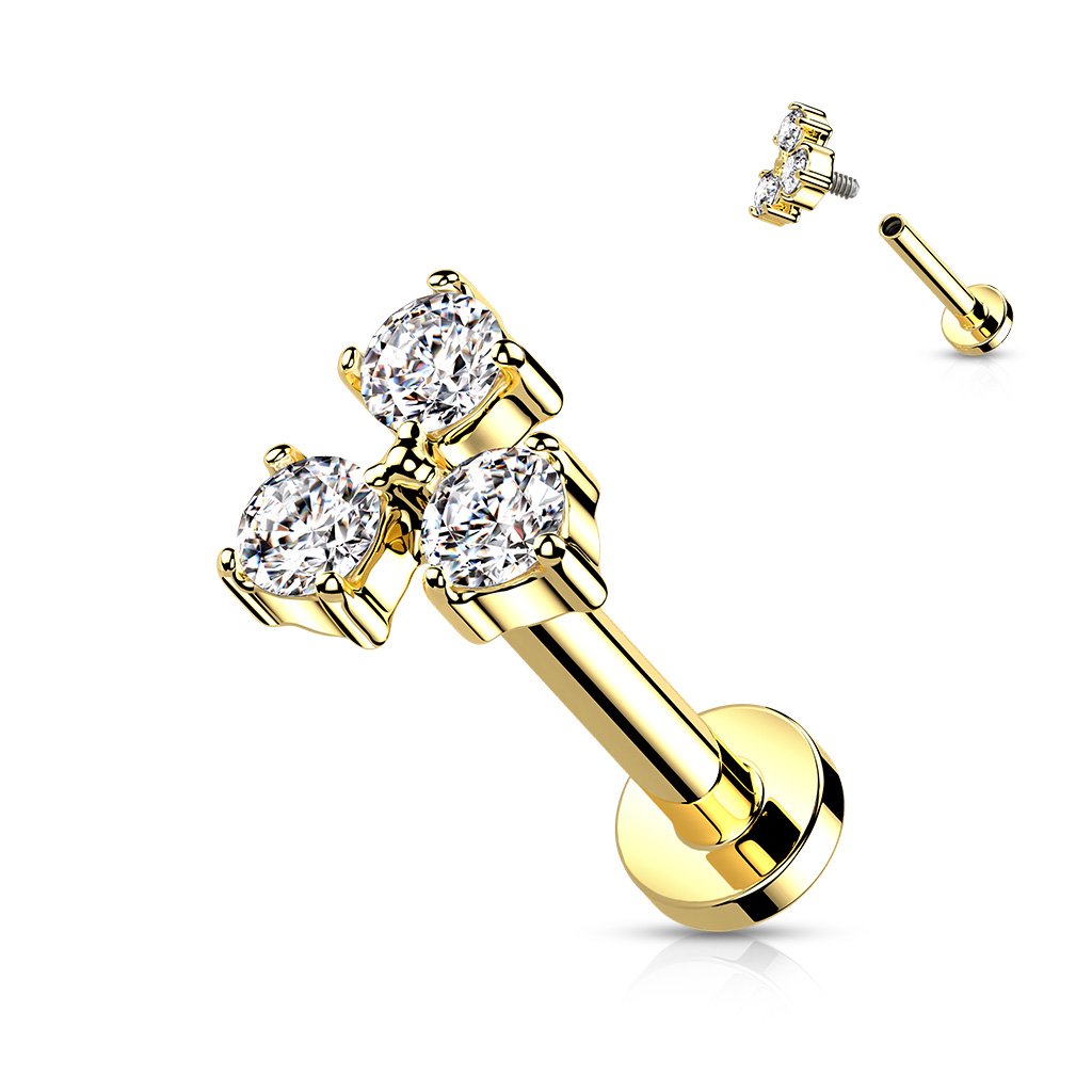 16 Gauge Flat Back Internally Threaded Triple Gem Stud