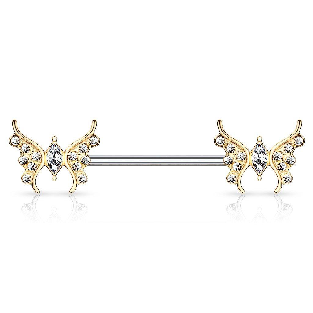 14 Gauge Crystal Butterfly Barbell Nipple Ring - Gold / Silver