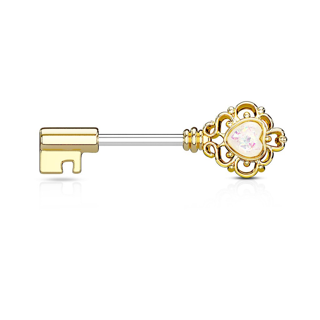 14 Gauge Key To My Heart Barbell Nipple Ring Gold / Silver