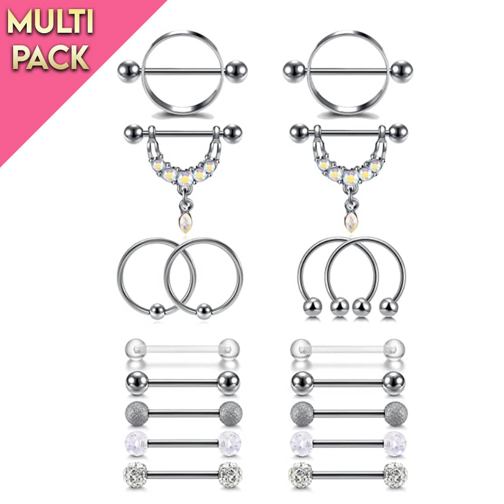 Limited Edition 18 Pack Silver Crystal Nipple Bar Set
