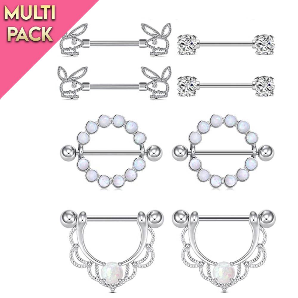 Limited Edition 8 Pack Silver Opal Nipple Barbell Set