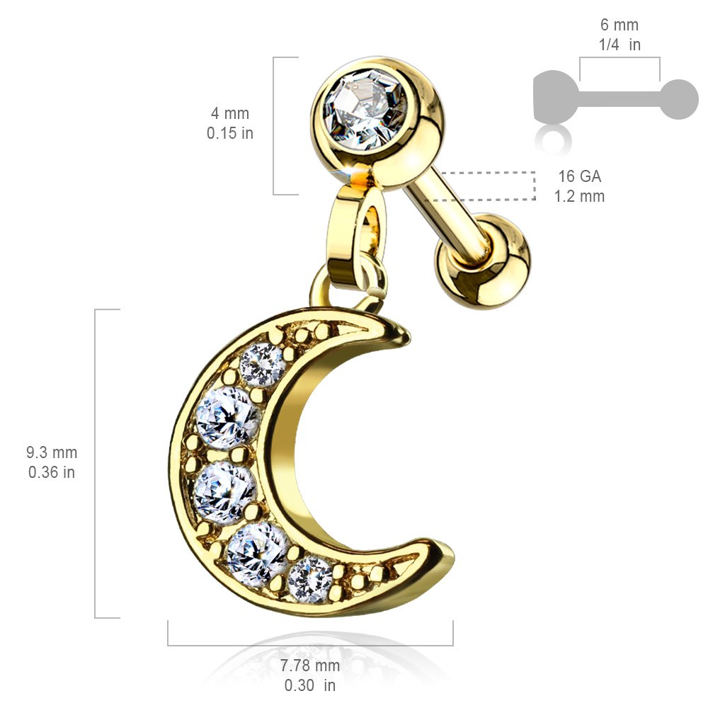 16 Gauge Dangling Moon Cartilage / Tragus Stud Silver