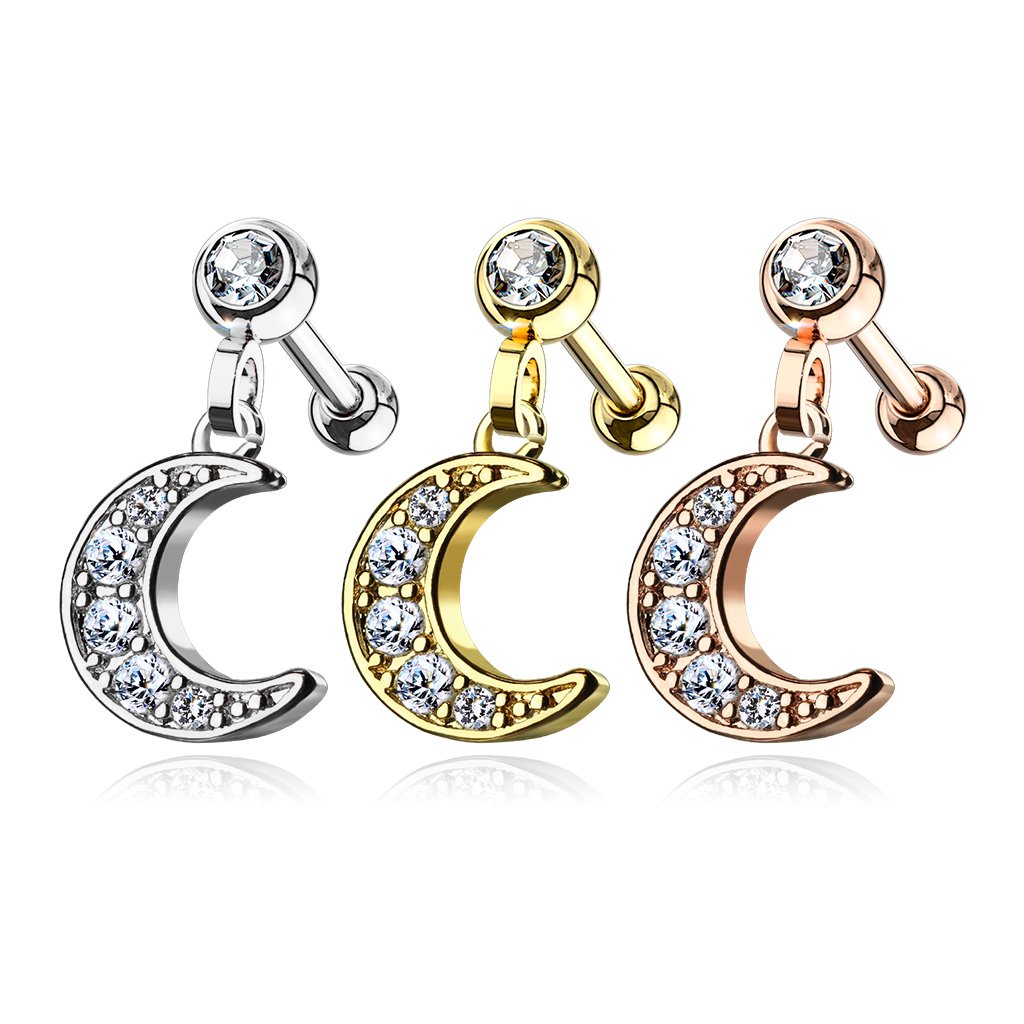 16 Gauge Dangling Moon Cartilage / Tragus Stud Silver