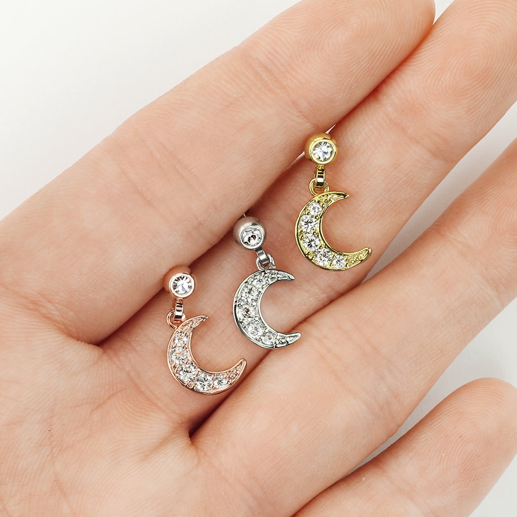 16 Gauge Dangling Moon Cartilage / Tragus Stud Silver