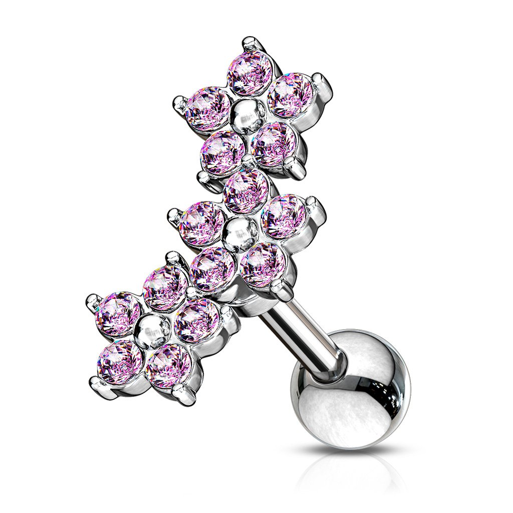 16 Gauge Triple Crystal Flower Cartilage / Tragus Stud