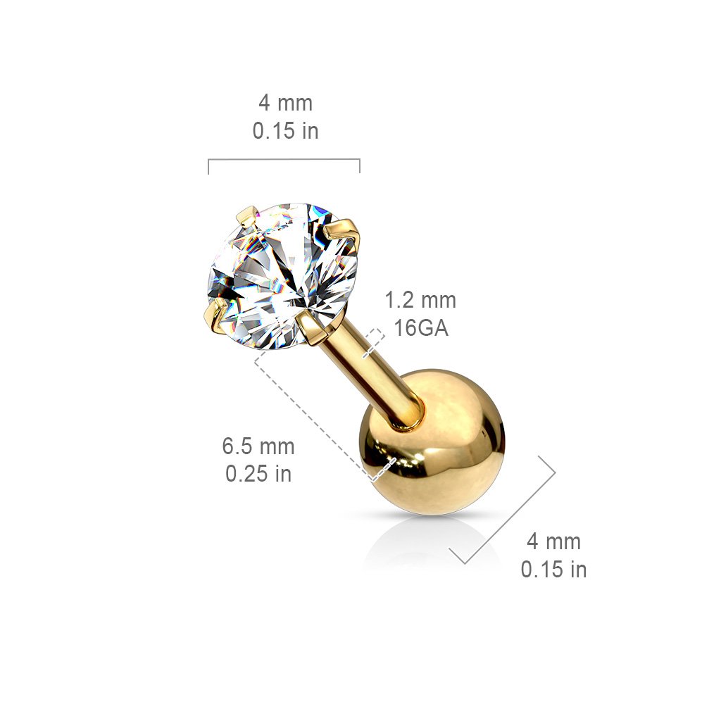 16 Gauge Prong Set Crystal Cartilage / Tragus Stud